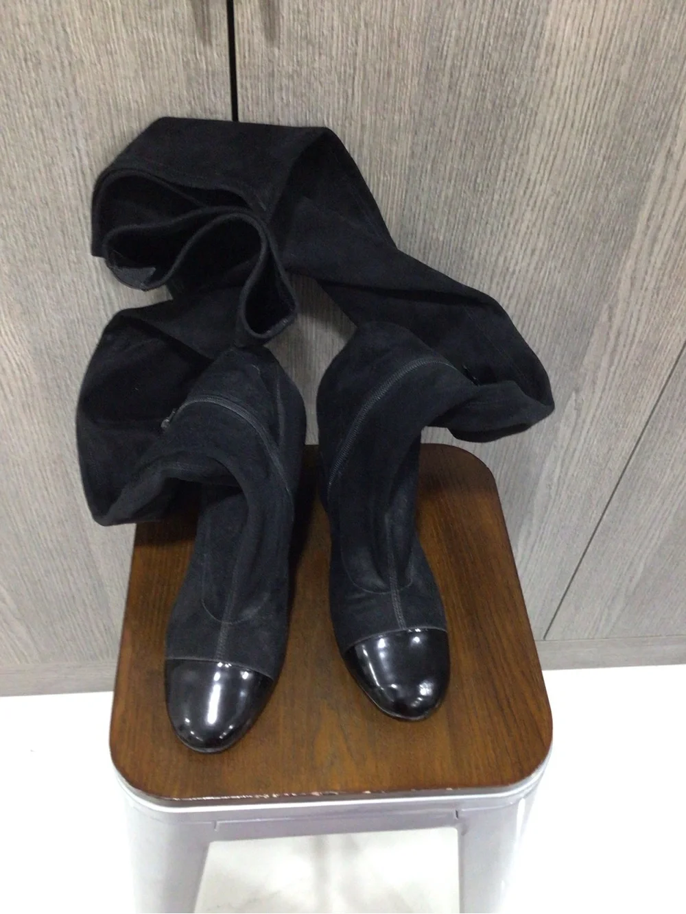 Marc Fisher Black Over-the-Knee Suede Boots with Patent Cap Toe